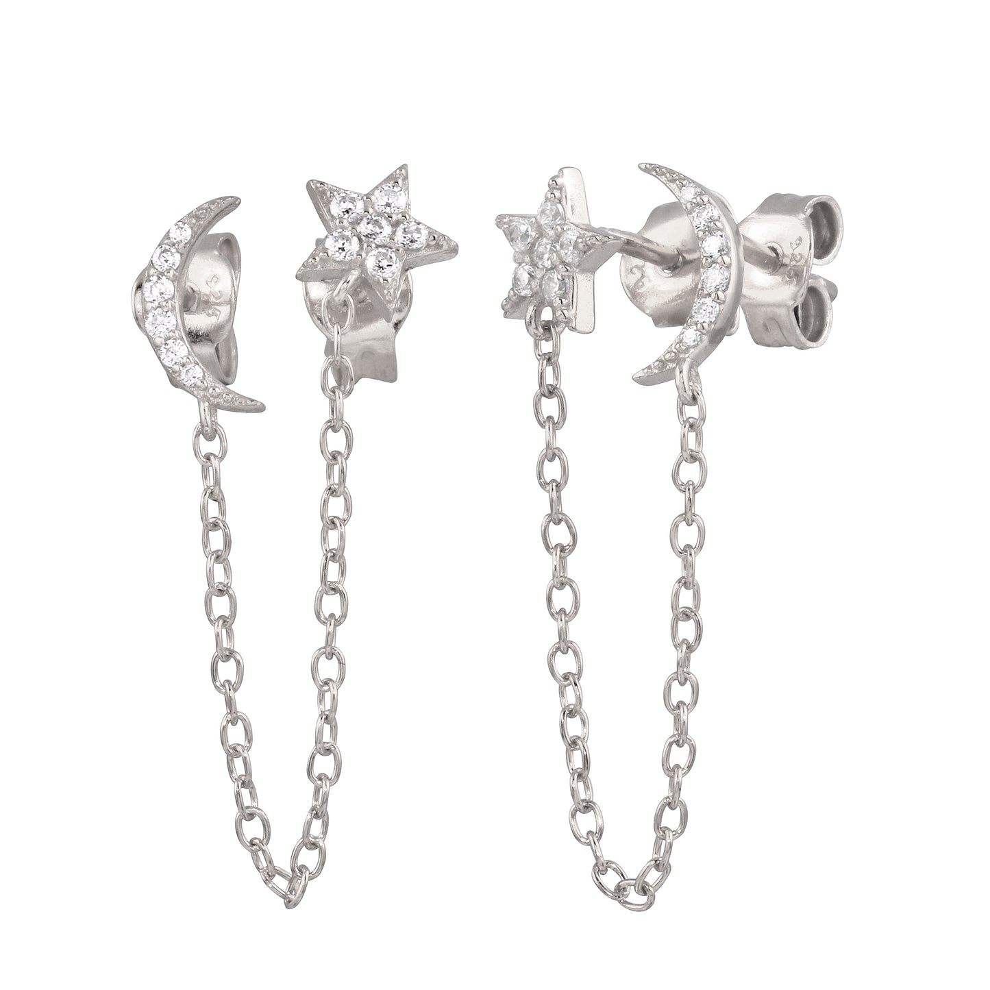 CZ Moon and Star Stud Chain Earring