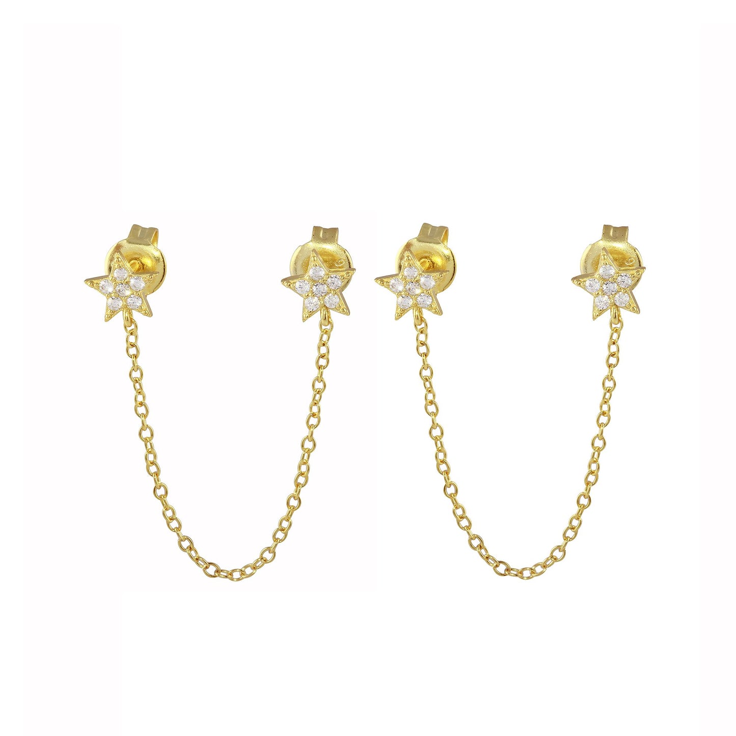 CZ Double Star Stud Chain Earring