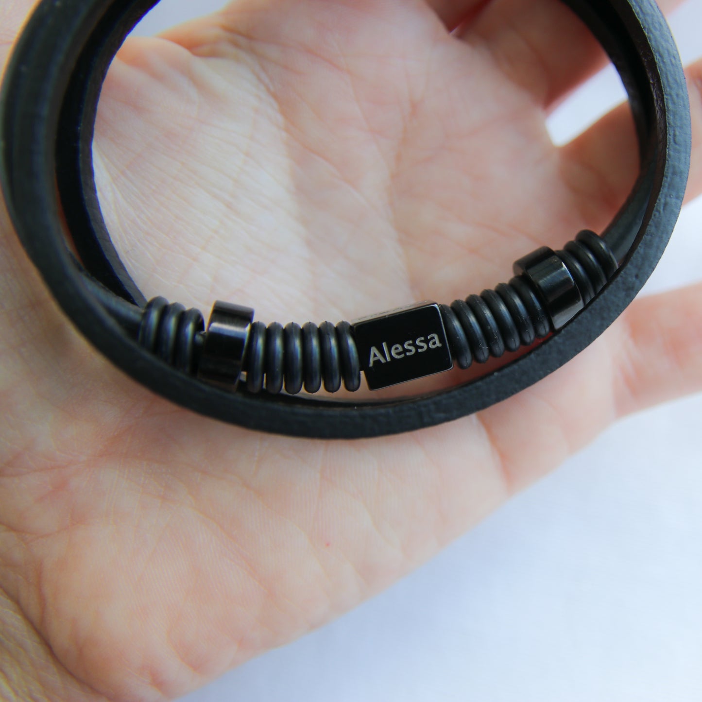 Engraving Personalized Leather Men Black Bracelet