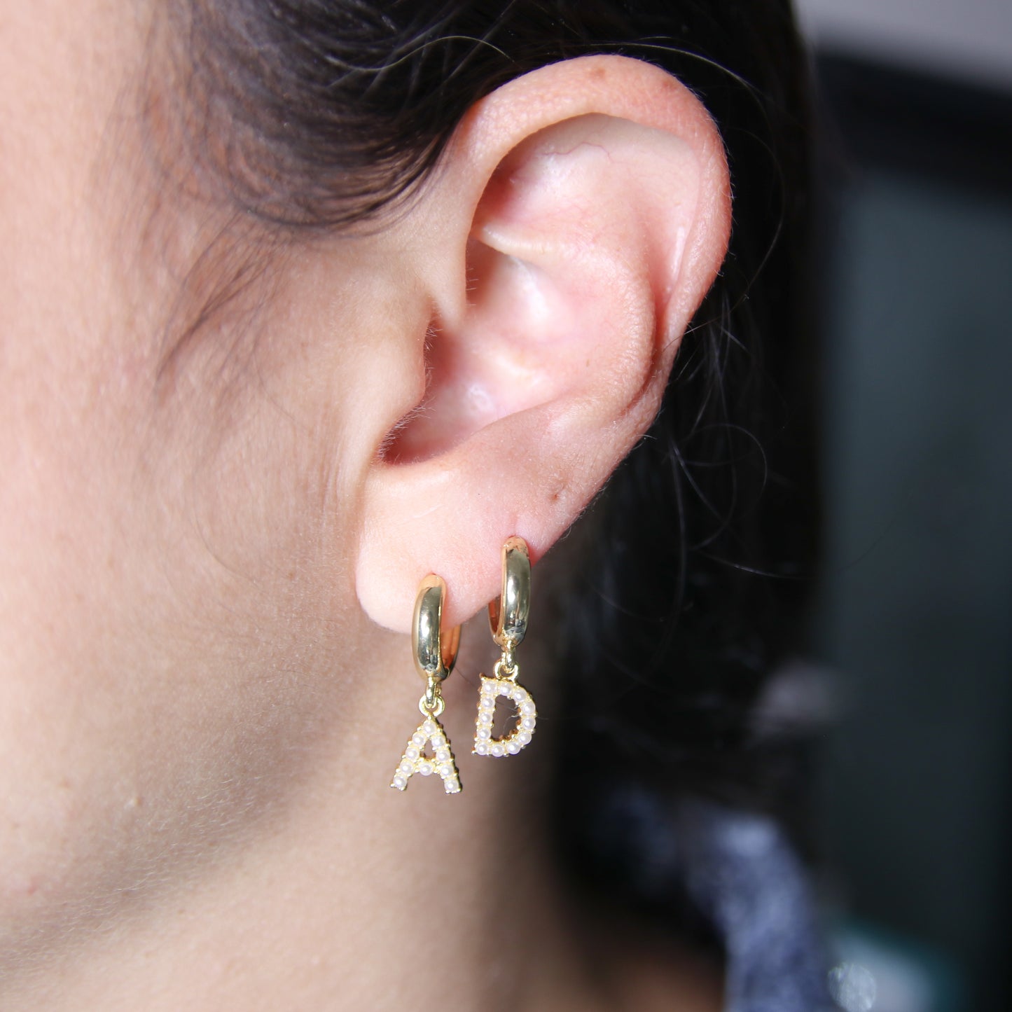 Pearl Initial Hoops Earrings