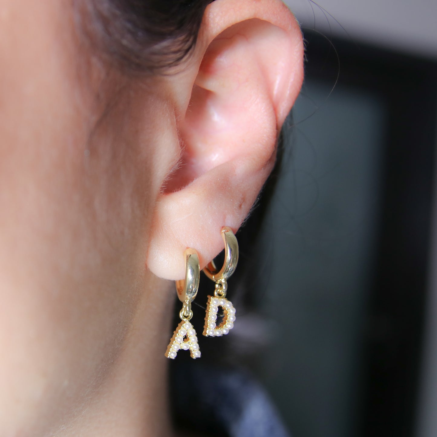 Pearl Initial Hoops Earrings