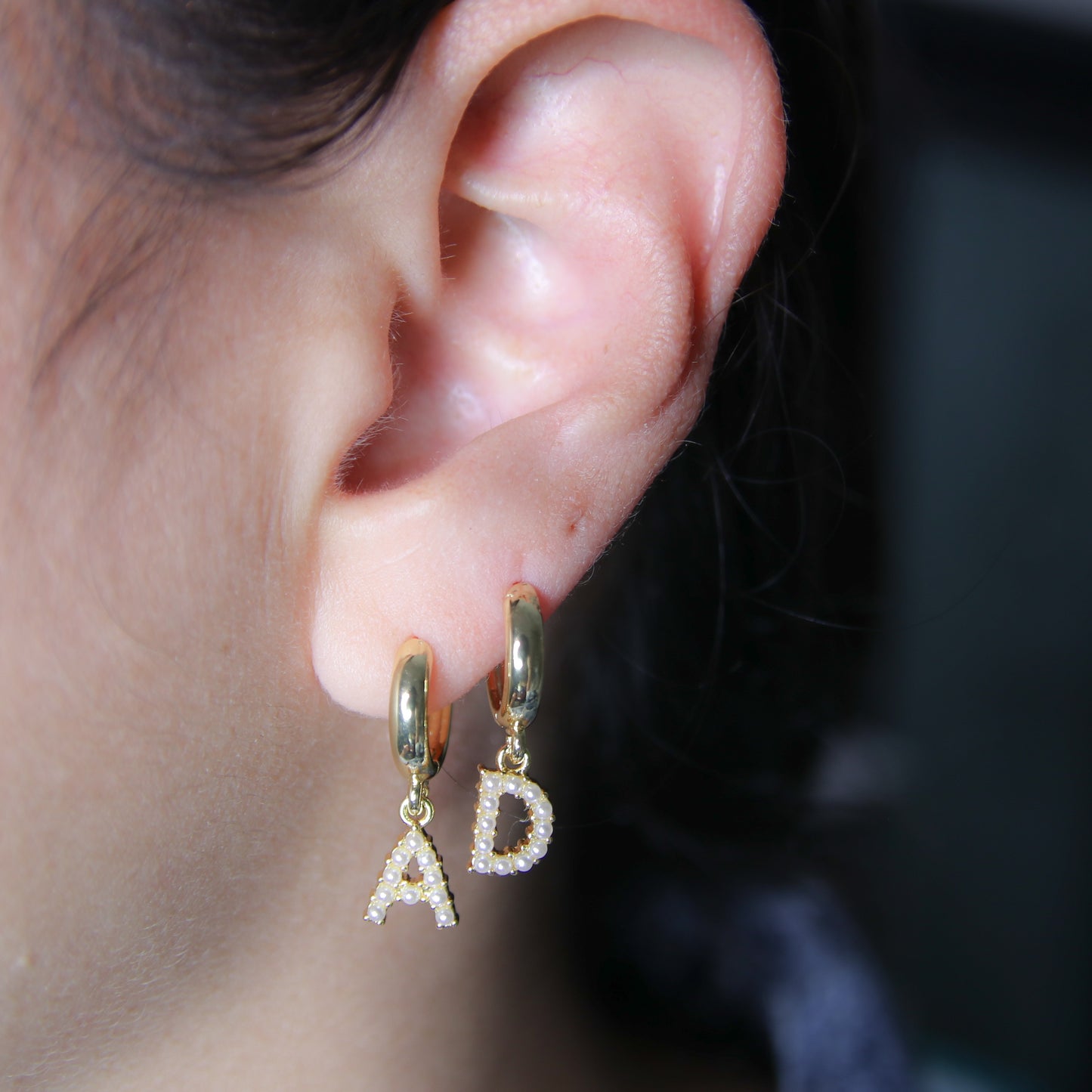 Pearl Initial Hoops Earrings