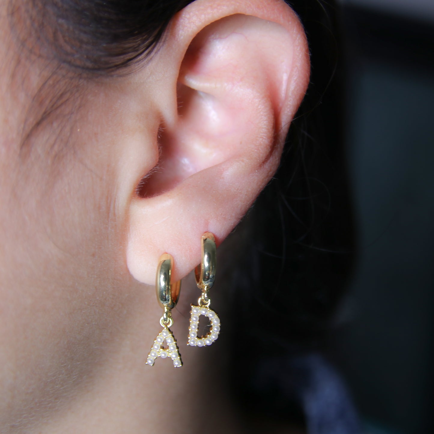 Pearl Initial Hoops Earrings