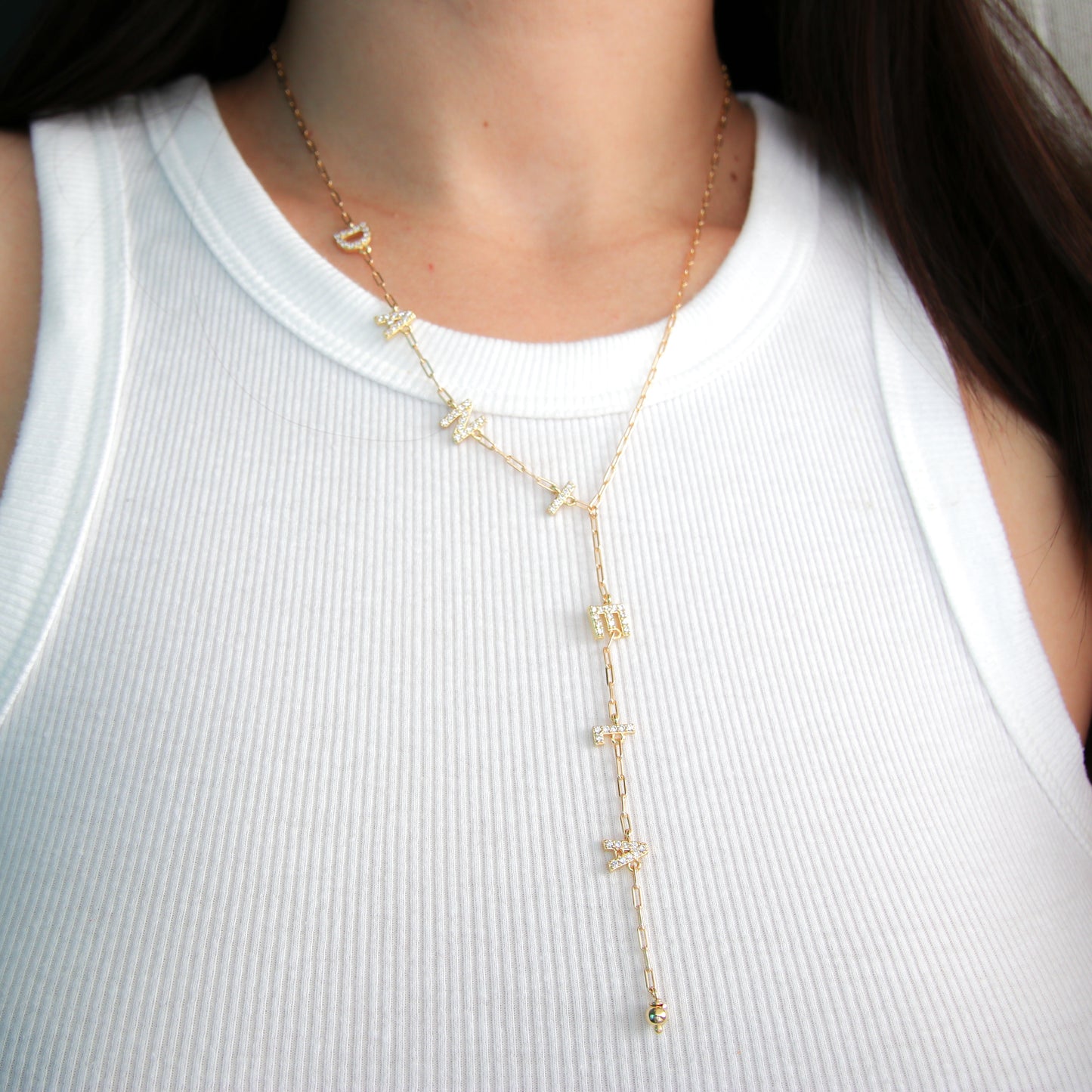 CZ Gold Name Lariat Necklace
