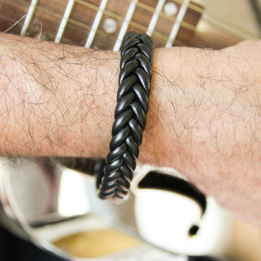 Mattew Black Leather Stainless Steel Bracelet