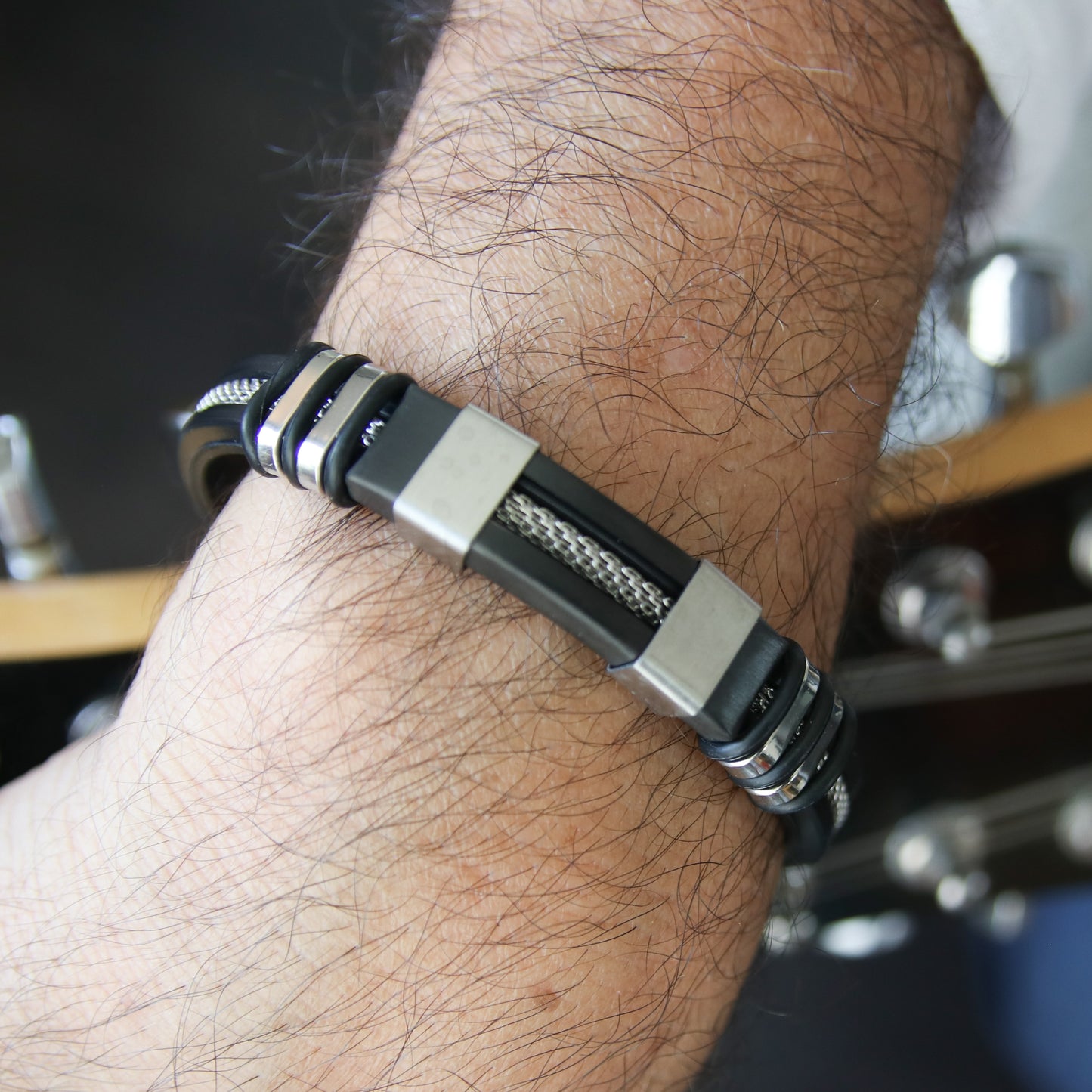 Men's Black Leather Silver-Accented Stainless Steel Bracelet