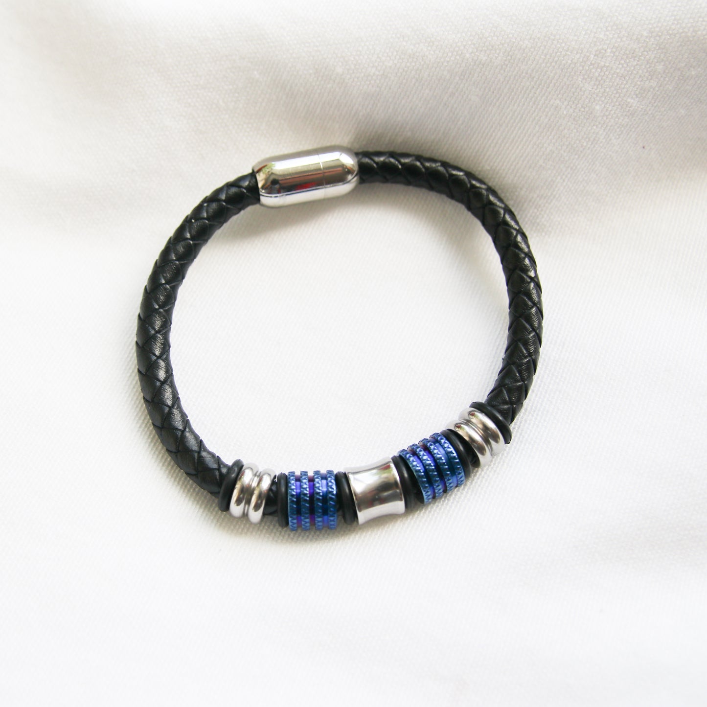 Black Leather and Blue-Accented Stainless steel Clasp Bracelet