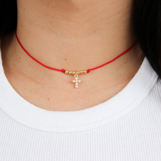 Tiny Pearl Cross Cotton Cord Choker