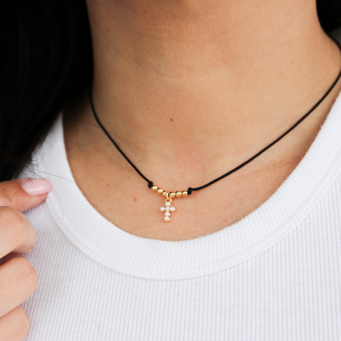 Tiny Pearl Cross Cotton Cord Choker