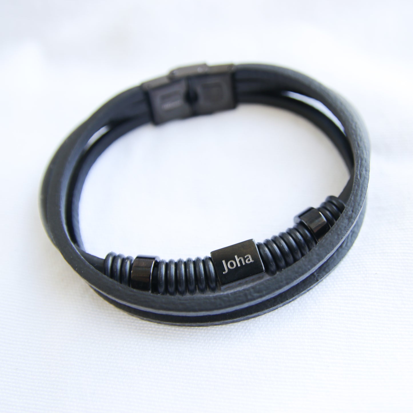 Engraving Personalized Leather Men Black Bracelet