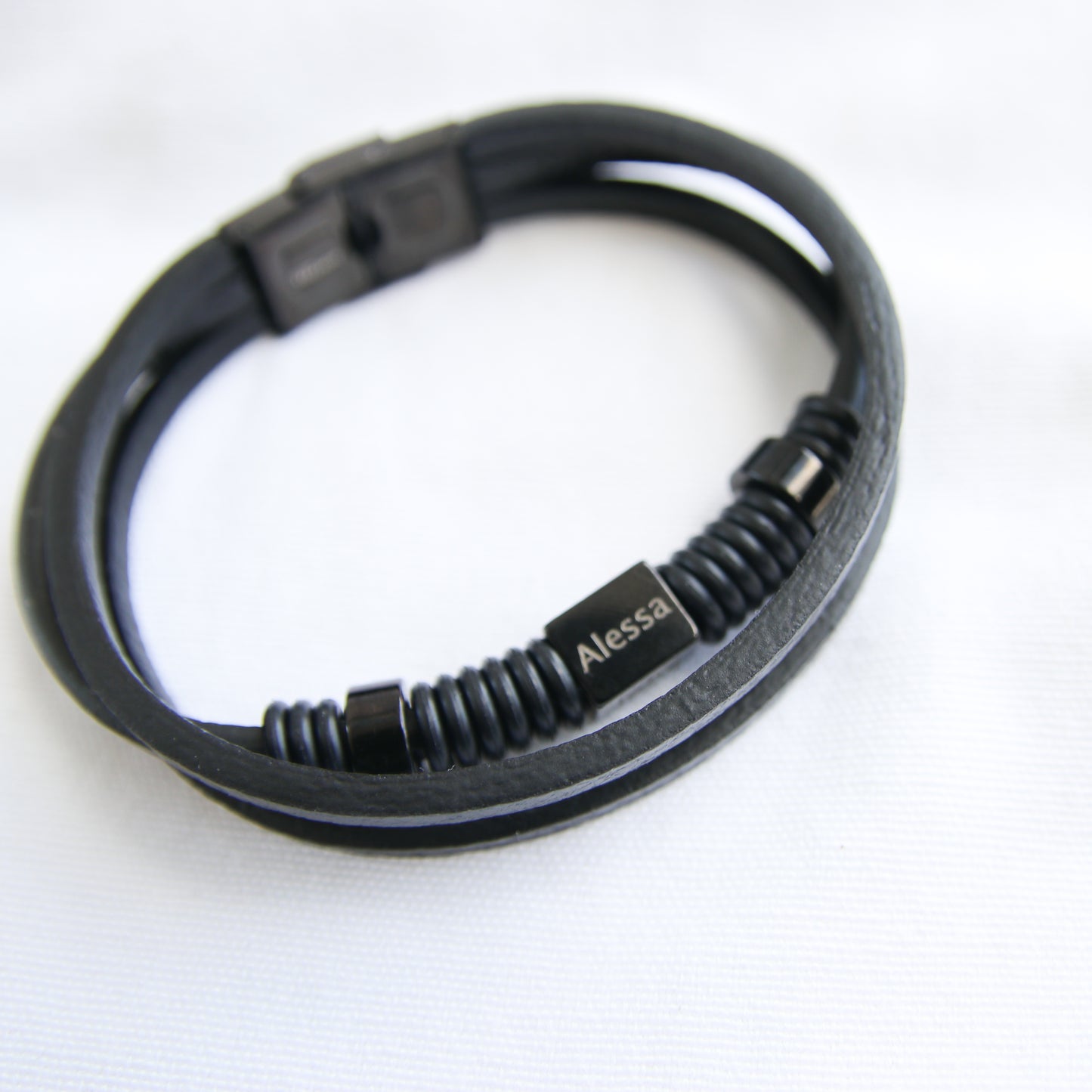 Engraving Personalized Leather Men Black Bracelet