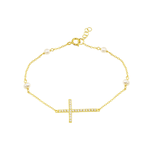 Sideways Pave Cross x Pearls chain Bracelet