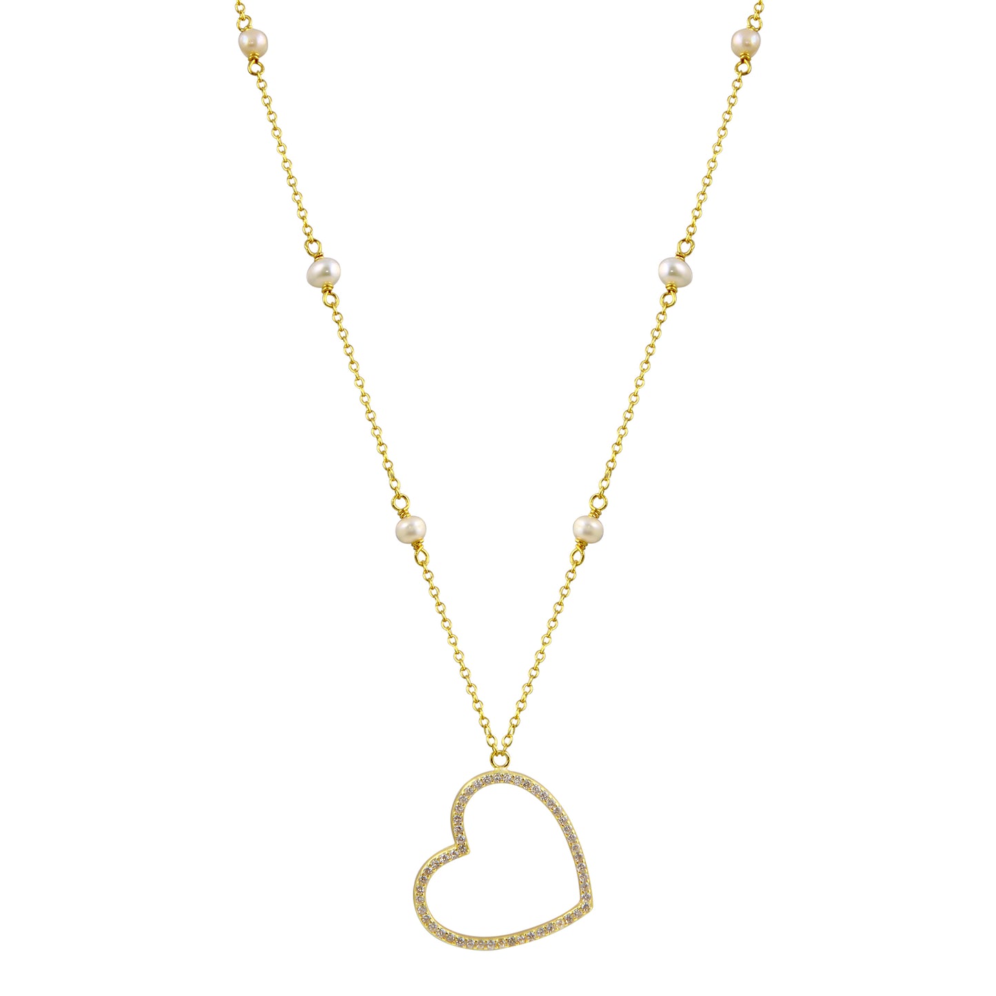 Pave Big Heart Pearls chain Necklace