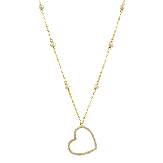 Pave Big Heart Pearls chain Necklace