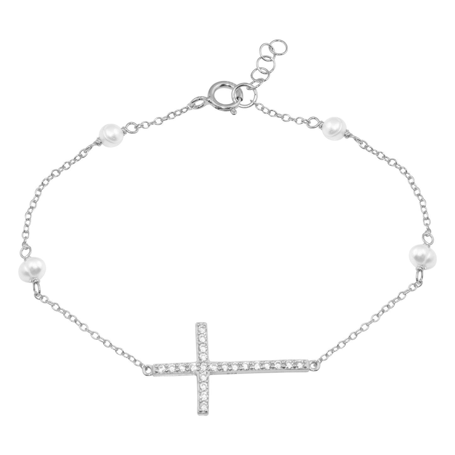 Sideways Pave Cross x Pearls chain Bracelet
