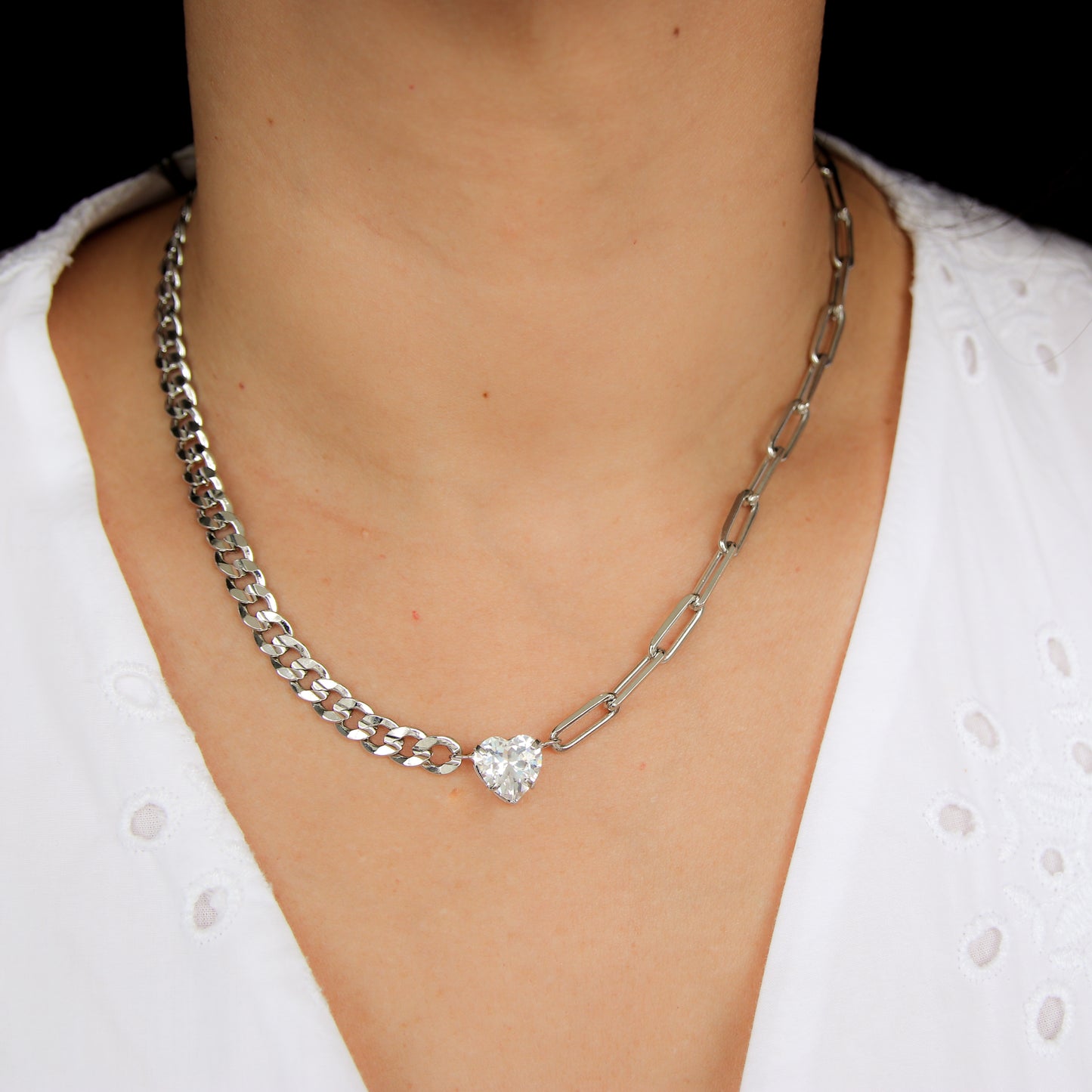 CZ Heart Chunky Chains Necklace