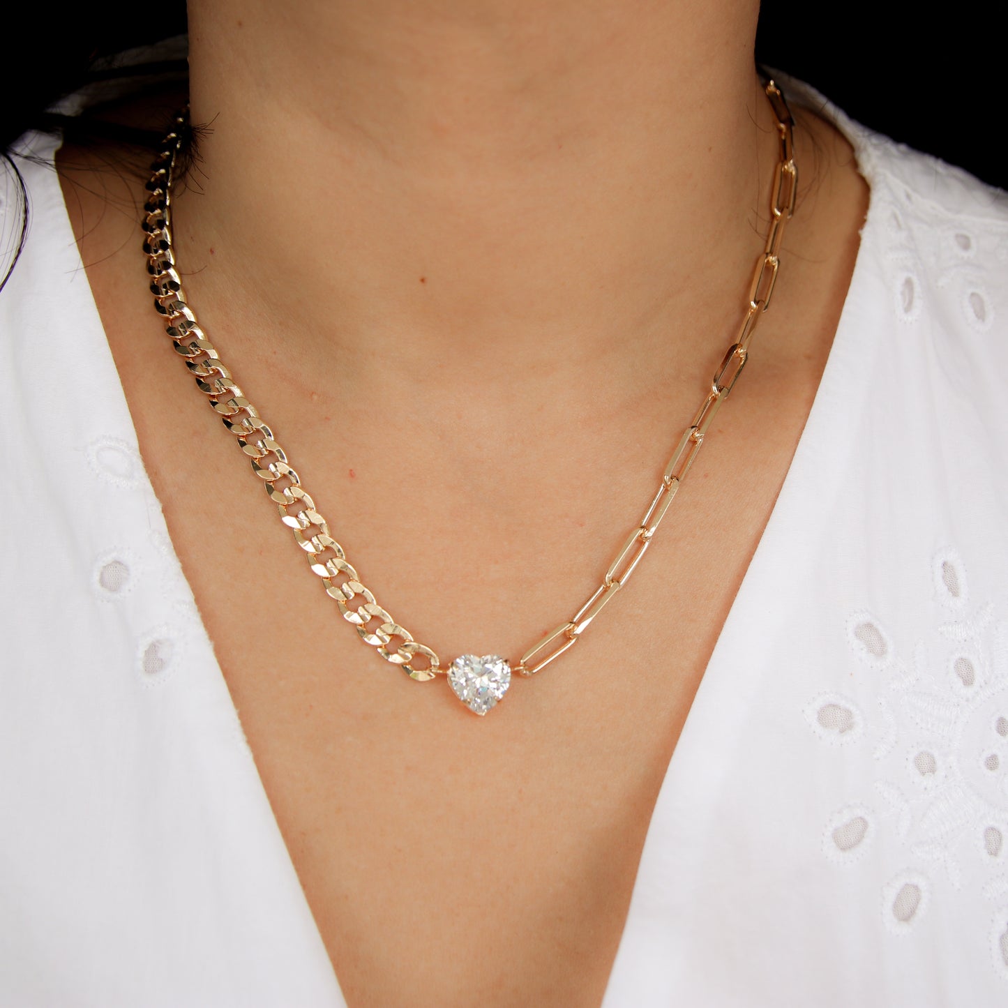 CZ Heart Chunky Chains Necklace
