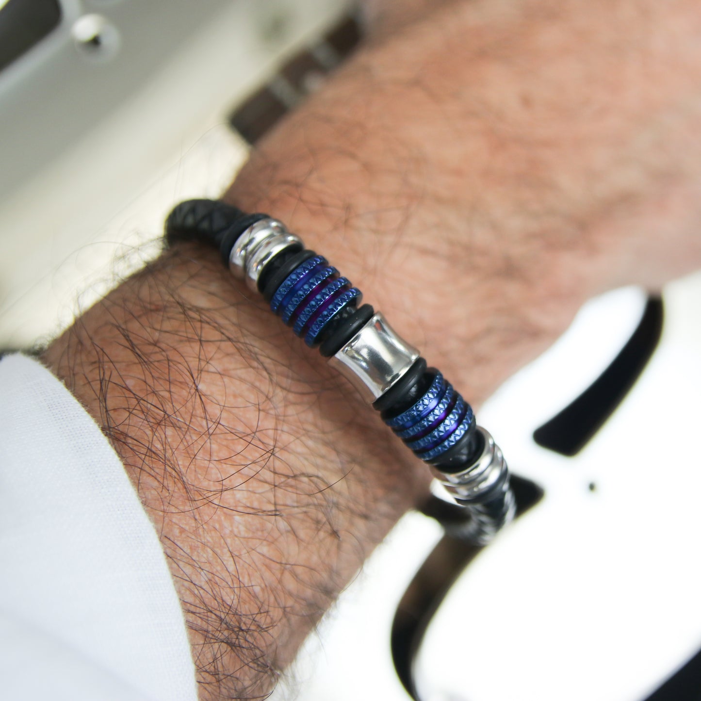 Black Leather and Blue-Accented Stainless steel Clasp Bracelet