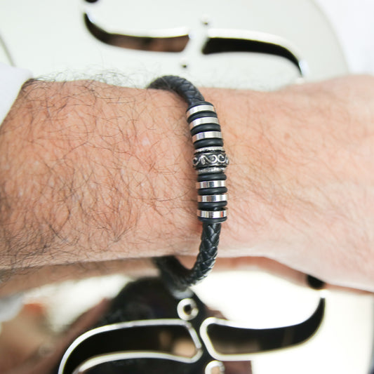 Men's Black Leather Fleur Stainless Steel Bracelet