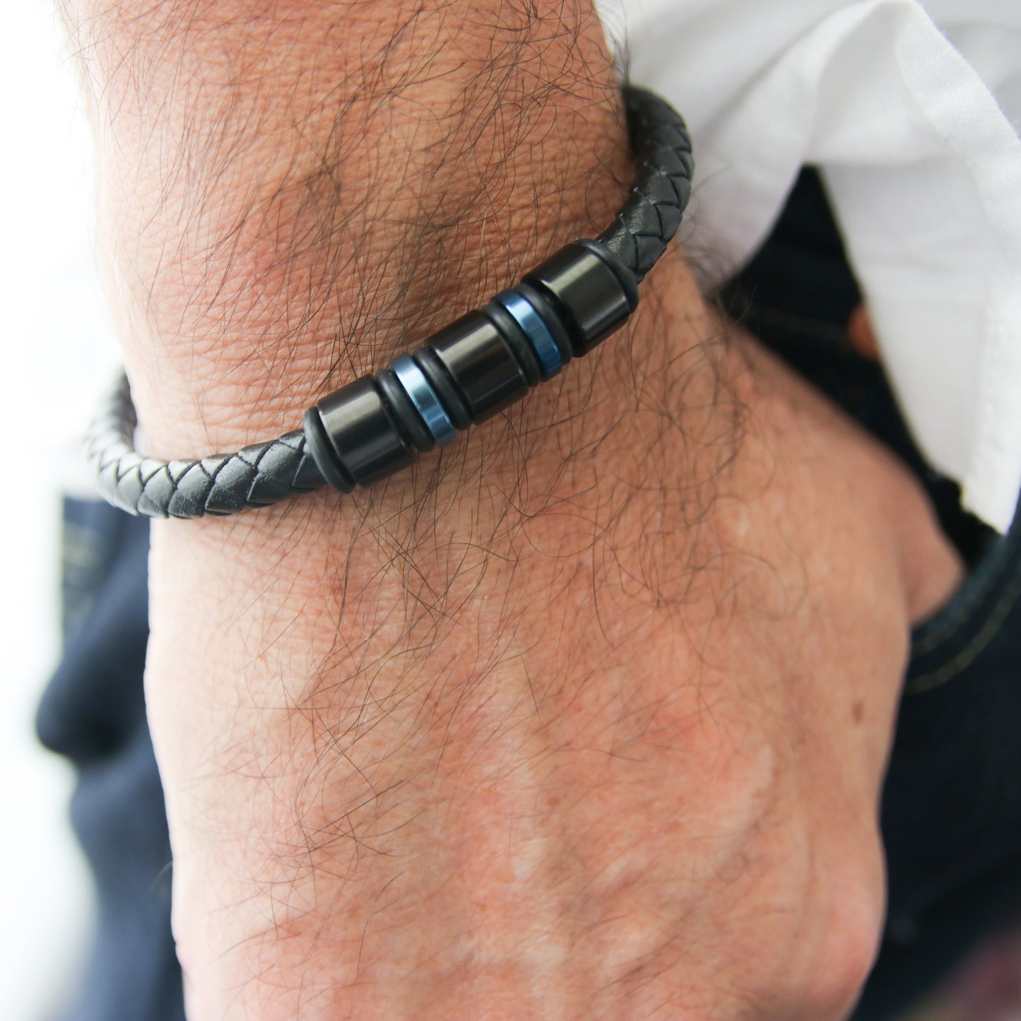 Men's Blue-Accented Black Leather Stainless Steel Bracelet