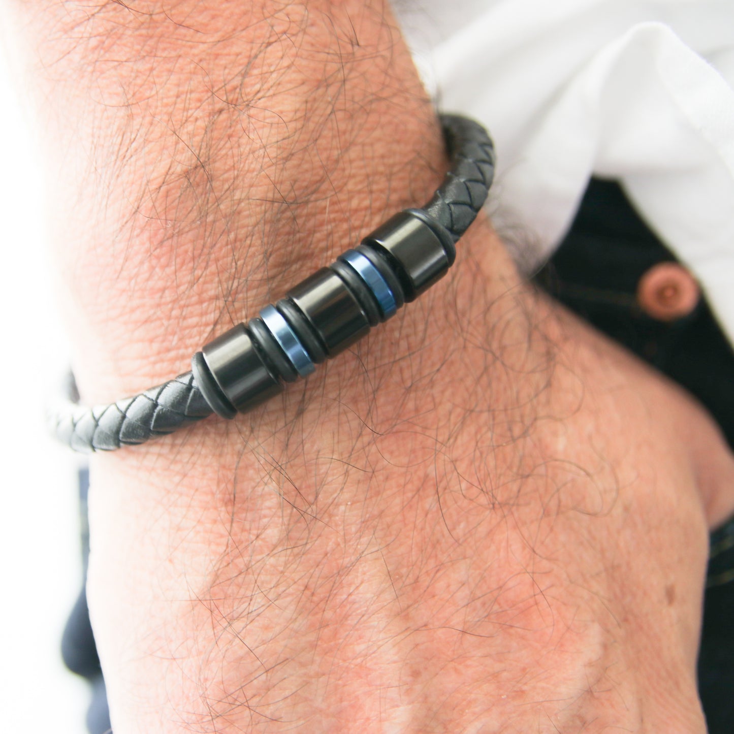 Men's Blue-Accented Black Leather Stainless Steel Bracelet