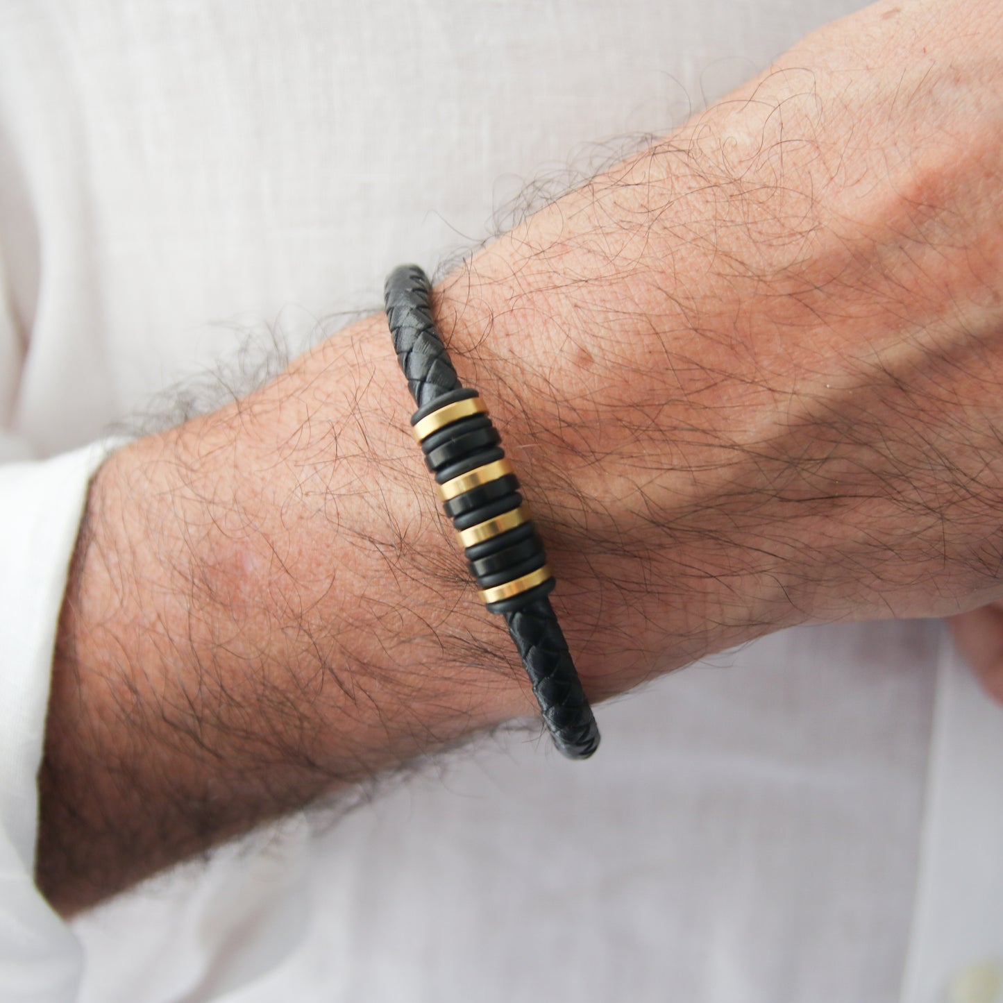 Black Leather and Gold-Accented Stainless steel Clasp Bracelet