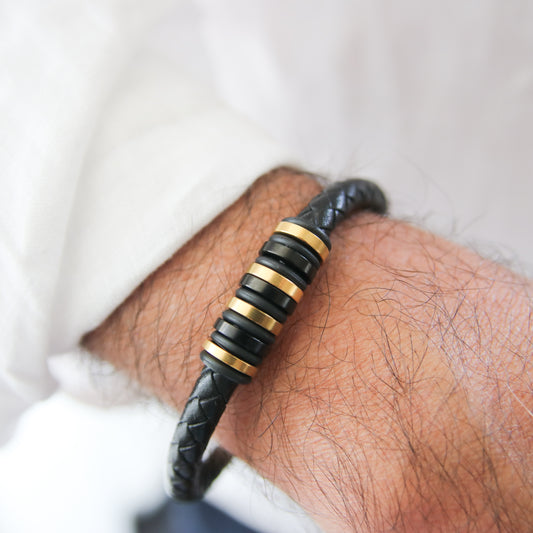Black Leather and Gold-Accented Stainless steel Clasp Bracelet