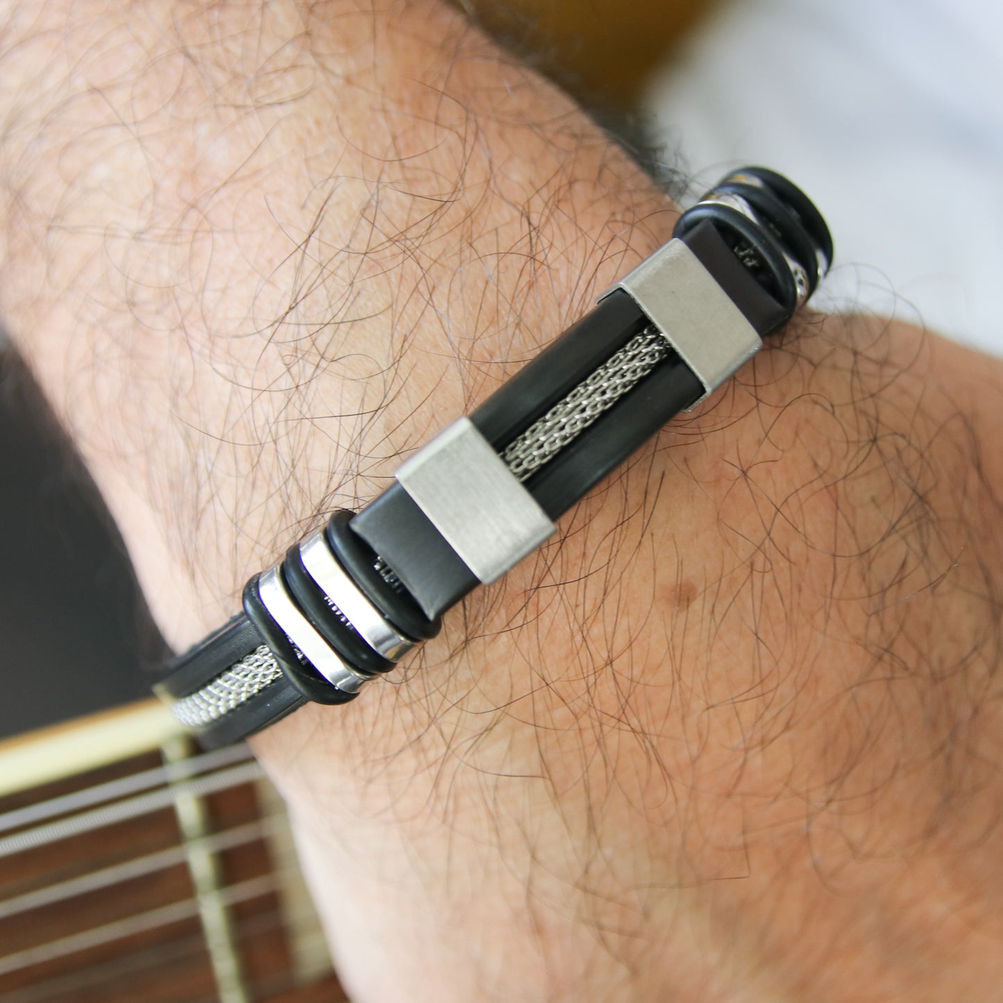 Men's Black Leather Silver-Accented Stainless Steel Bracelet