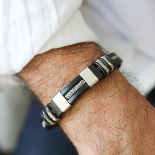 Men's Black Leather Silver-Accented Stainless Steel Bracelet