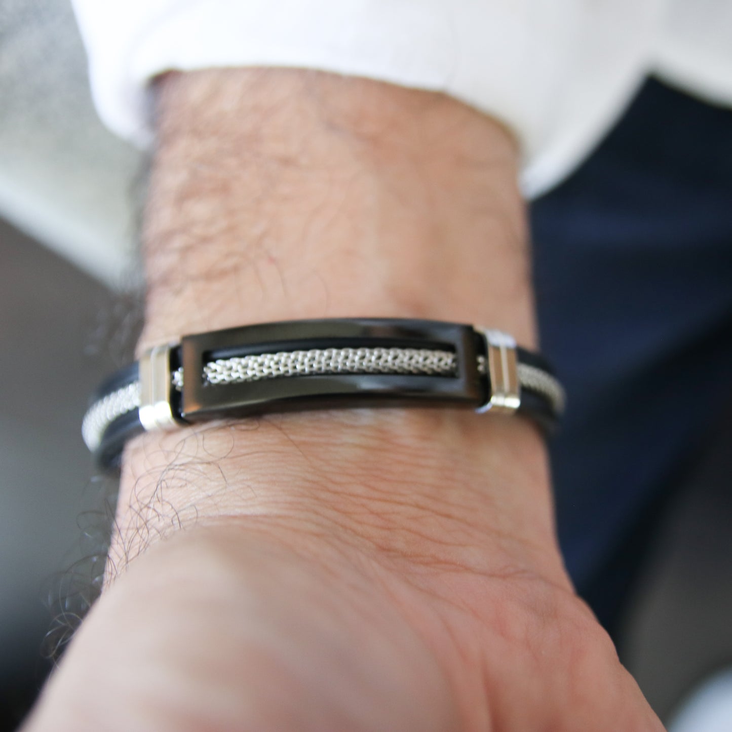 Franco Black Leather Stainless Steel Bracelet