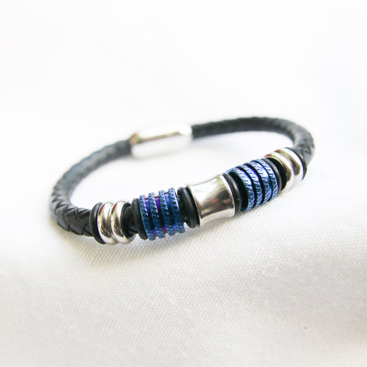 Black Leather and Blue-Accented Stainless steel Clasp Bracelet