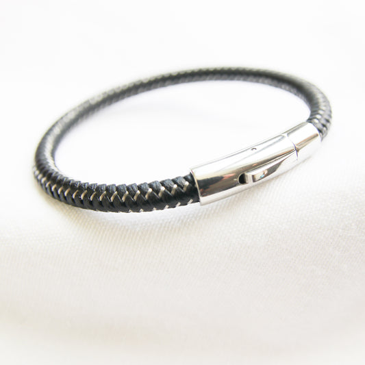 Snake Black & Silver Clasp Tube Leather Bracelet