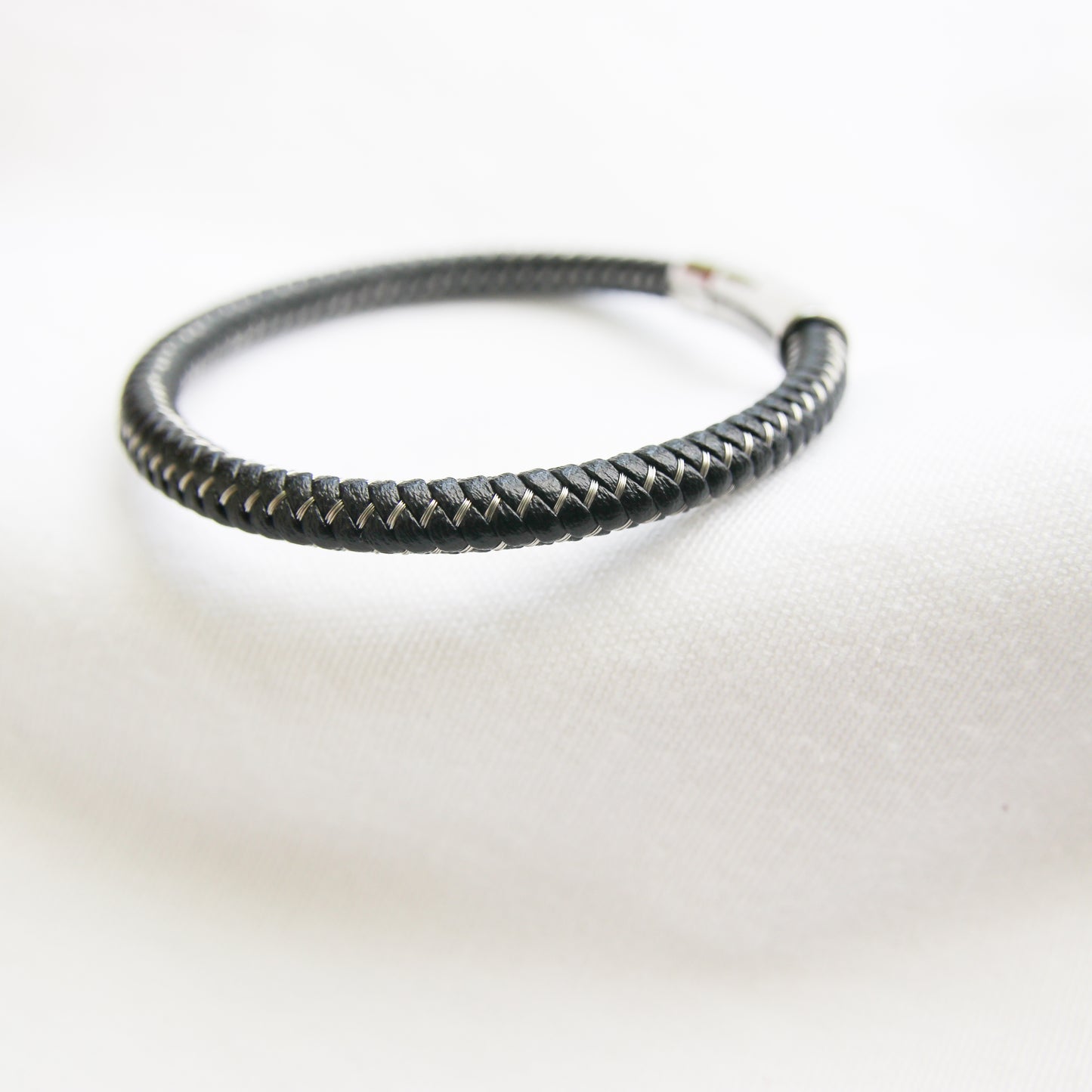 Snake Black & Silver Clasp Tube Leather Bracelet