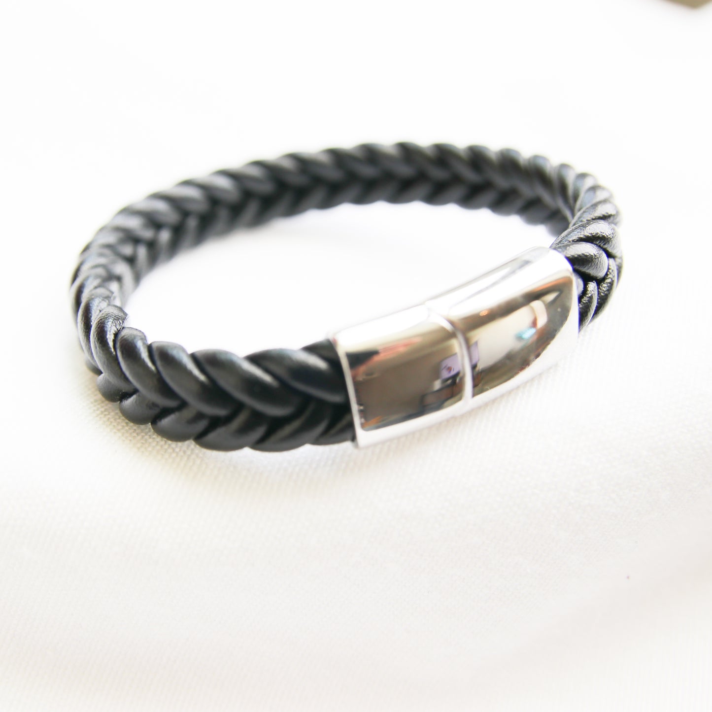 Mattew Black Leather Stainless Steel Bracelet